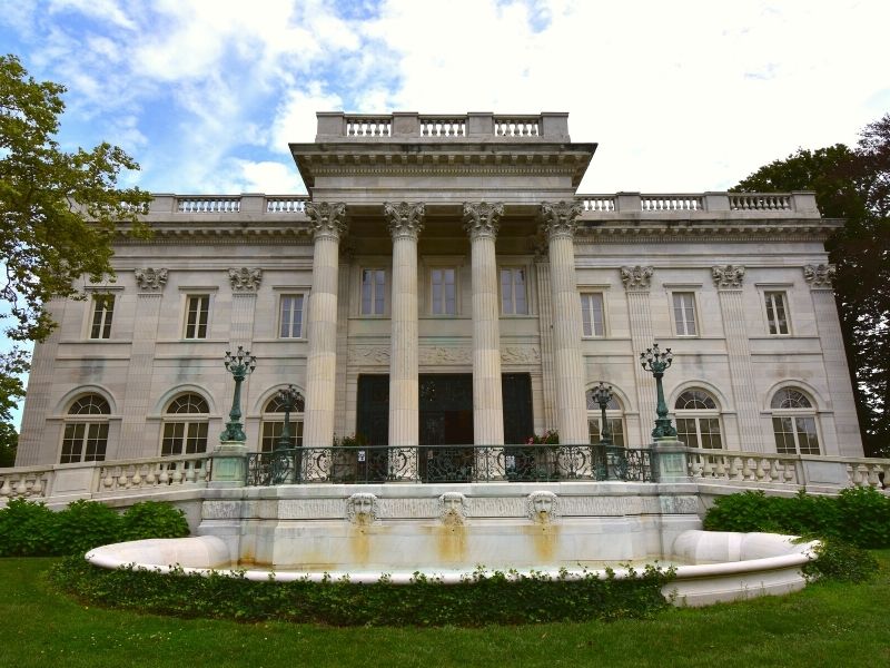 Colonnaded front facade of Marble House, a Preservation Society Newport Mansion in Rhode Island