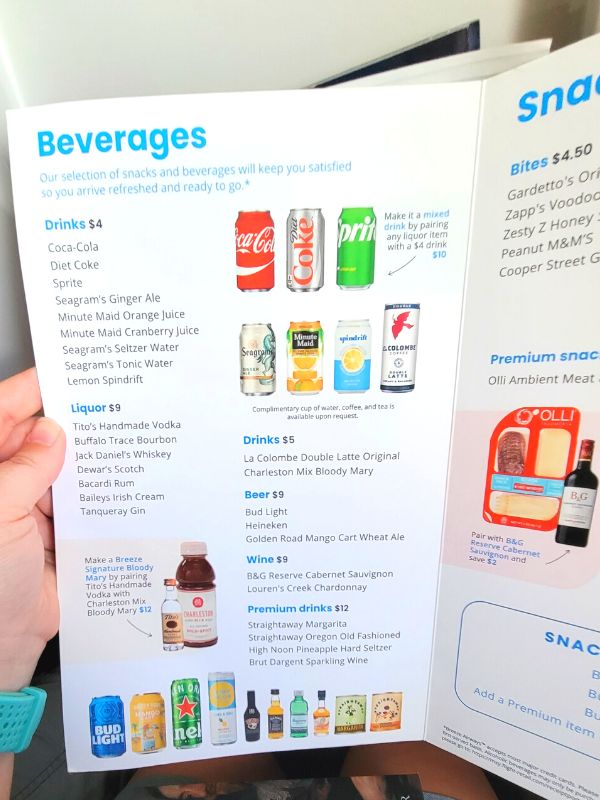 The drink and snack menu on a Breeze flight from summer 2023