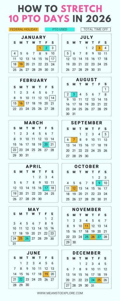 2026 calendar showing which days to take off to stretch your PTO to 47 days